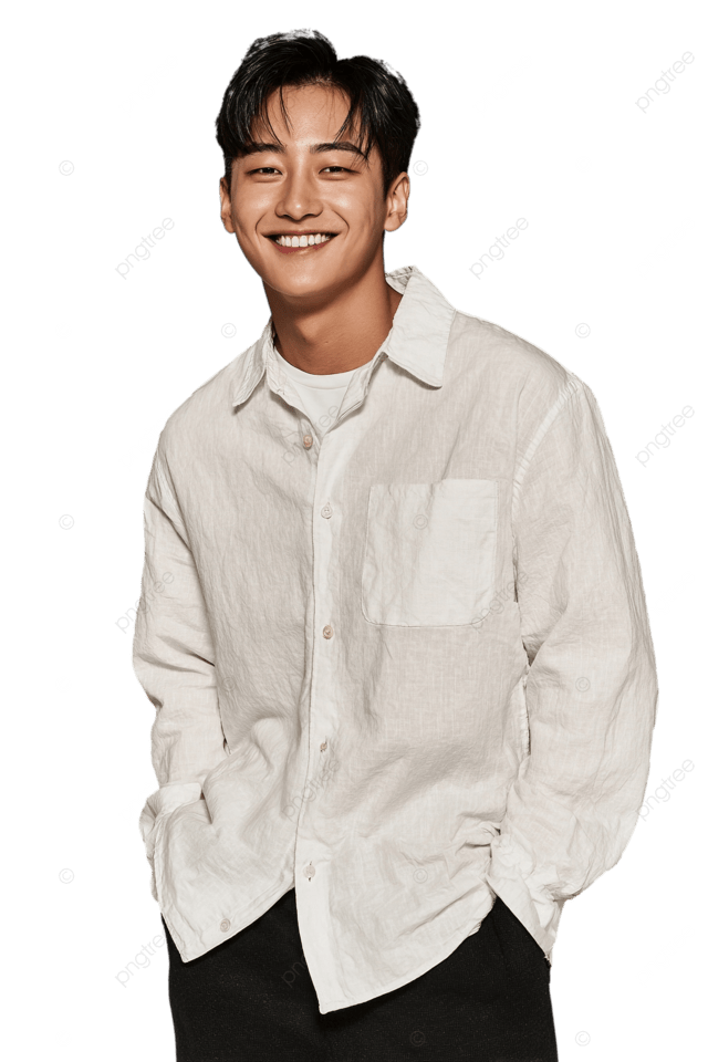 一位穿着休闲服装的微笑的年轻韩国男子的肖像