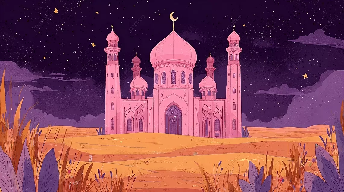 沙漠之夜的粉红色清真寺，星空和新月形圆顶