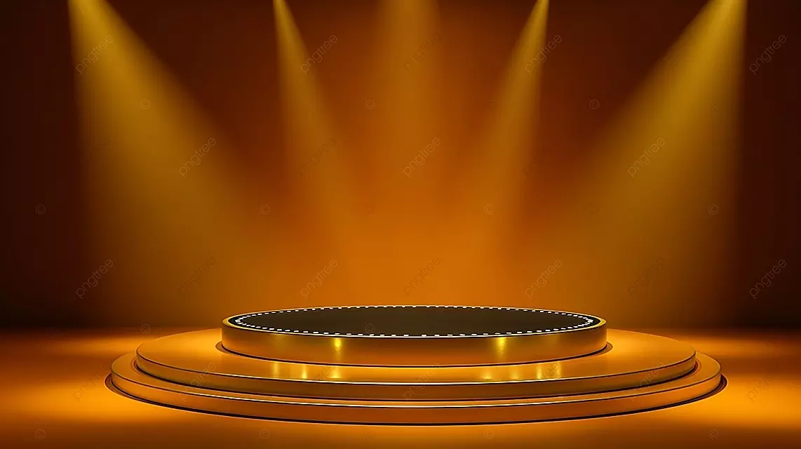 带有圆形平台的黄金舞台和聚光灯照明
