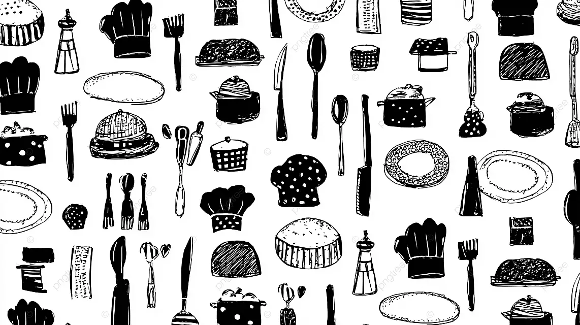 黑白厨房图案，带厨师帽子板盖刀和叉子