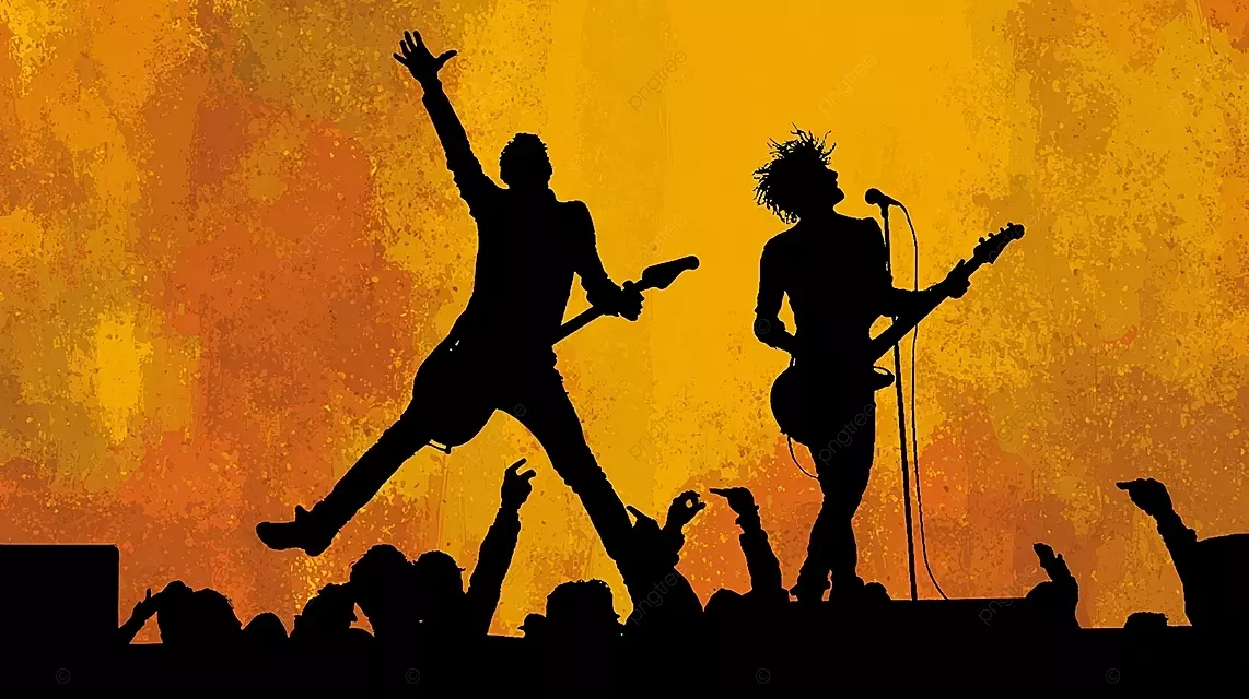 充满活力的音乐会场景剪影人物弹吉他和舞台上的唱歌与欢呼的观众