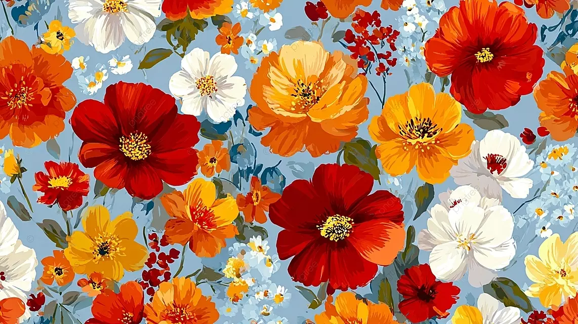 充满活力的花卉图案，浅蓝色背景上有五颜六色的花朵【背景PNG】-90设计网