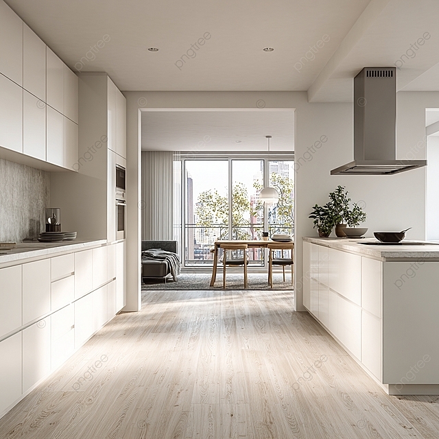 明亮的极简主义厨房，带有开放布局和自然光线