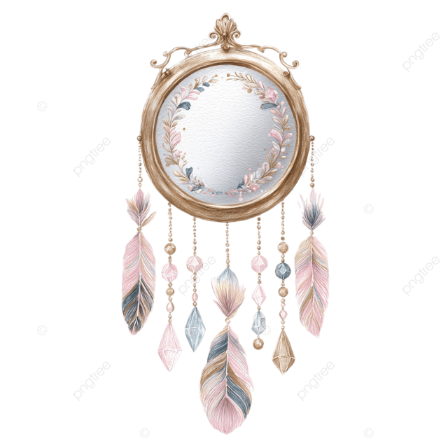 波西米亚风镜子插画，采用柔和的水彩铅笔风格