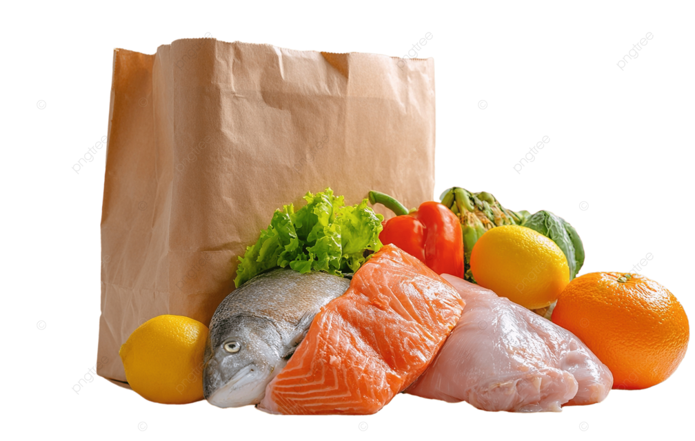 新鲜水果在白色背景的纸袋中的蔬菜和鱼