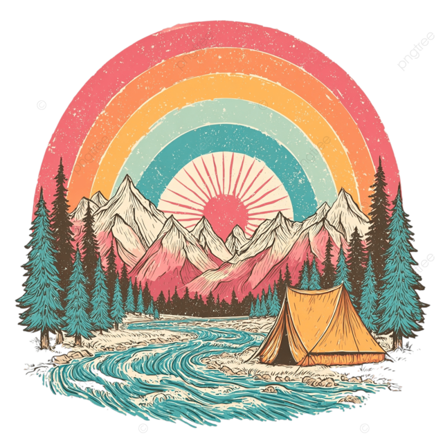 复古户外露营插图，风景优美的山脉和五颜六色的日落