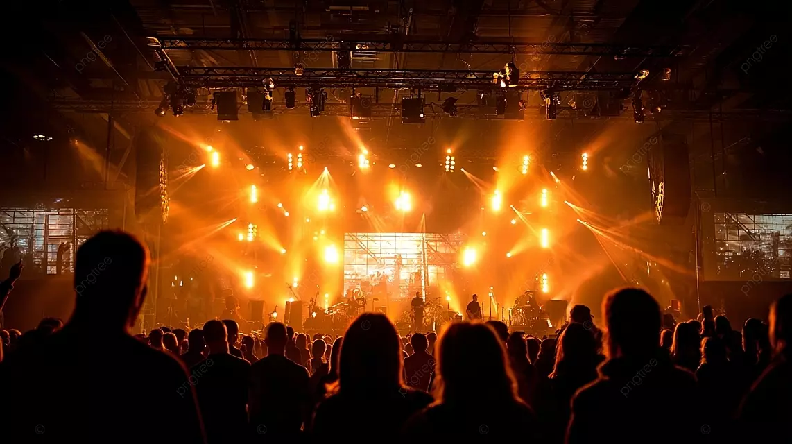 一个活泼的户外音乐会场景，吸引着人物和充满活力的舞台灯光