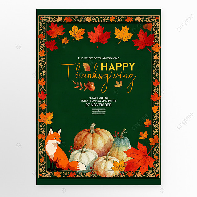 卡通落叶边框南瓜狐狸感恩节节日祝福海报