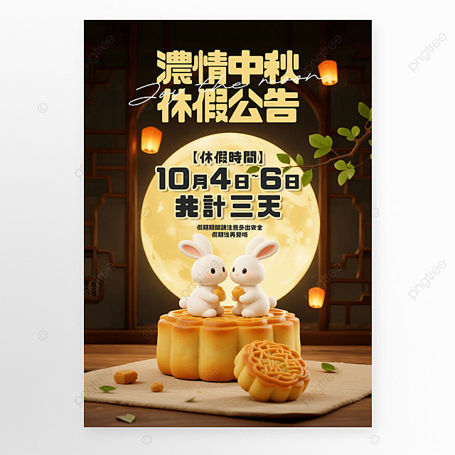 月亮月饼兔子中秋节休假公告海报