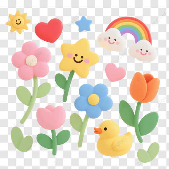 卡通风爱心鲜花彩虹