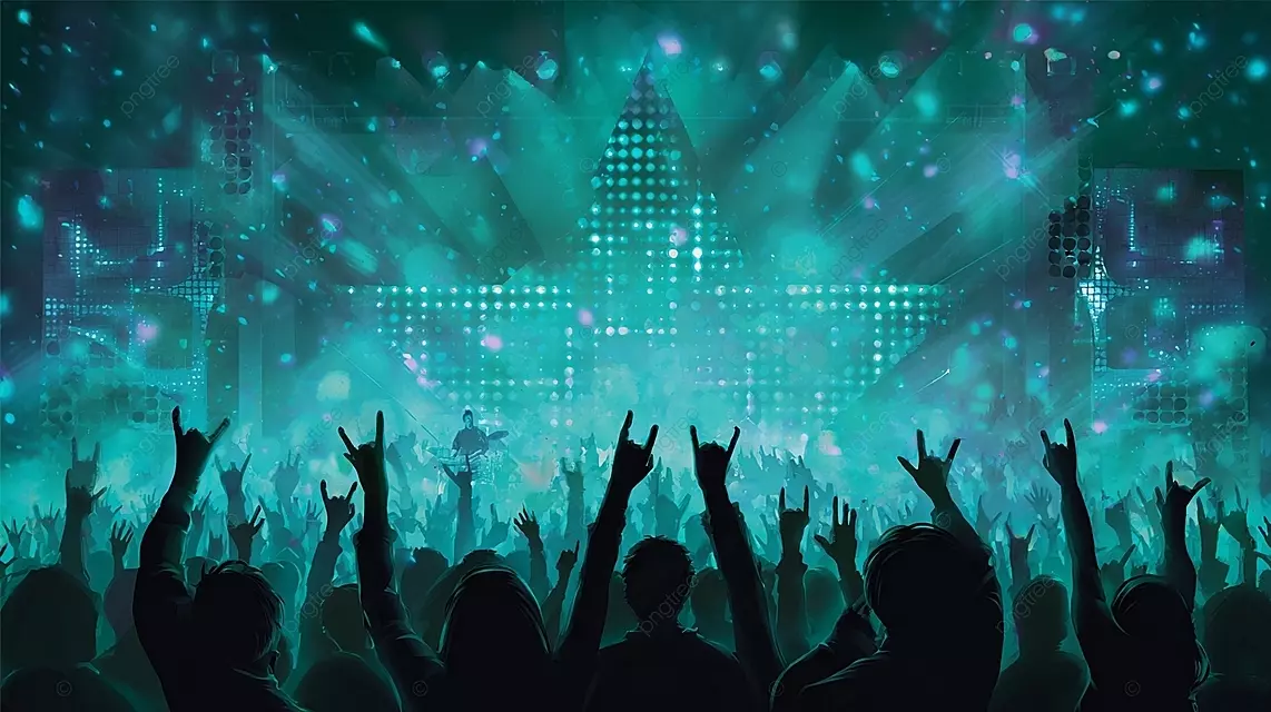 充满活力的音乐会场景，带有凸起的摇滚手势和繁星点点的舞台照明