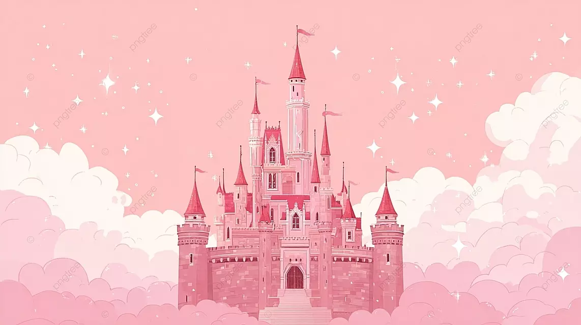 一个梦幻般的粉红色城堡，有红色的尖顶，在闪烁的星空下