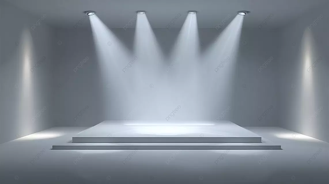 极简主义舞台，中央有白色区域和聚光灯光晕效果