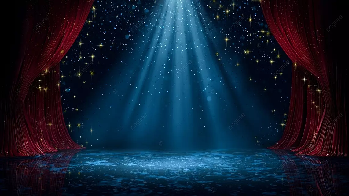一个梦幻的舞台场景，有蓝色的背景和闪烁的星星