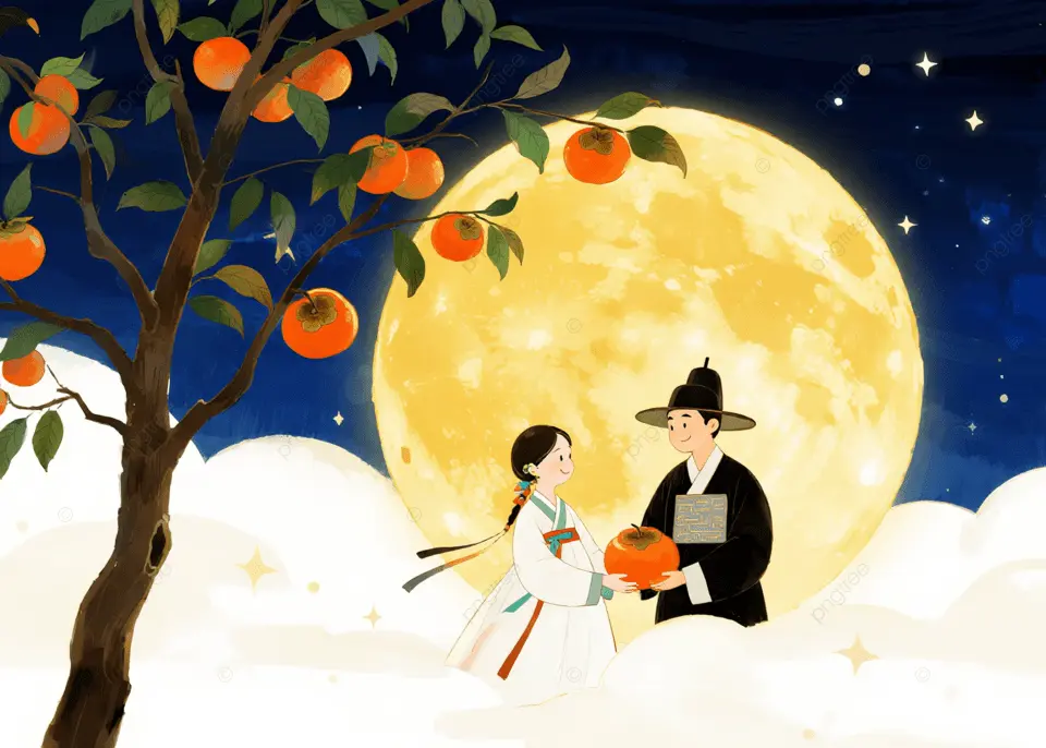 情侣看月亮韩国插画背景