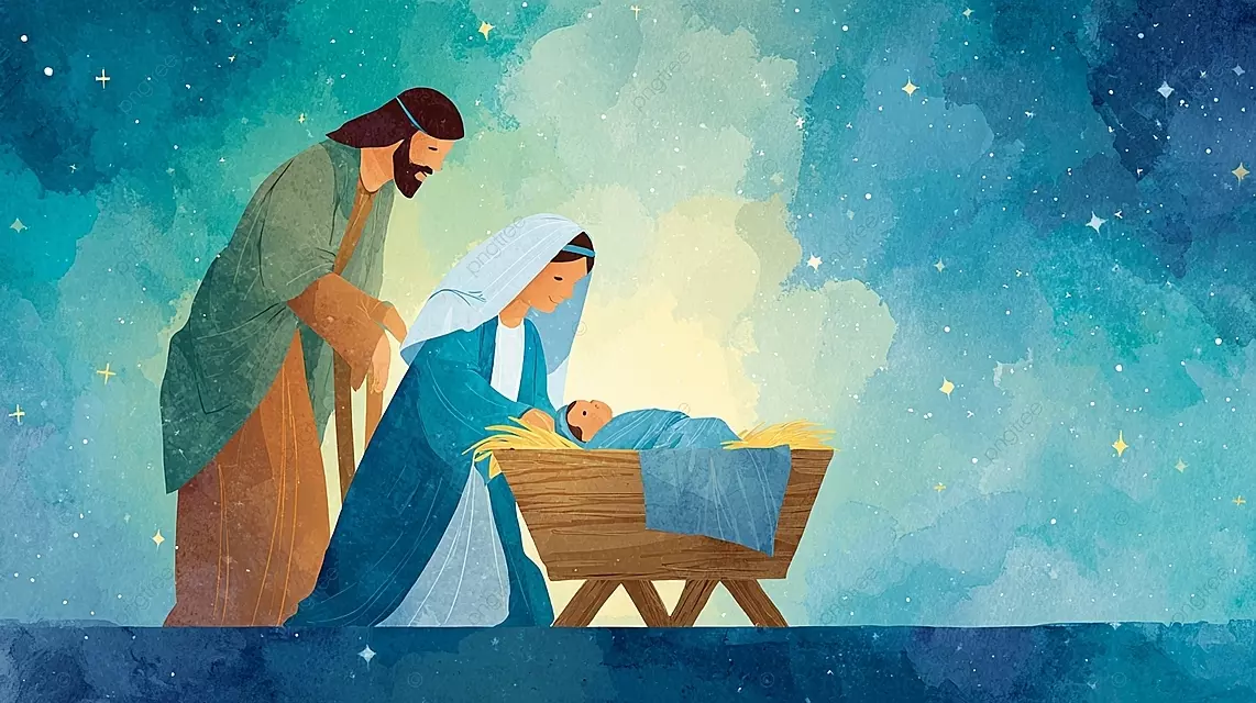 宁静的圣诞节诞生场景与圣人在星空下的天空下