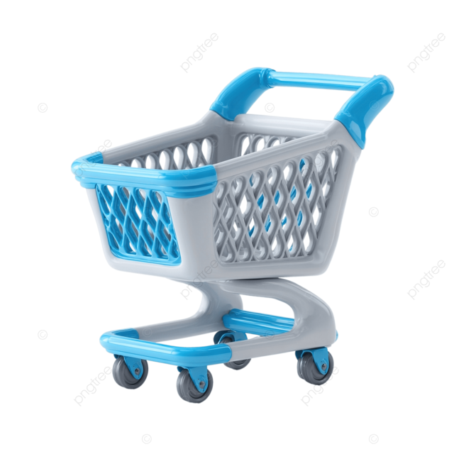 蓝色和浅灰色3D在白色上渲染塑料玩具购物车