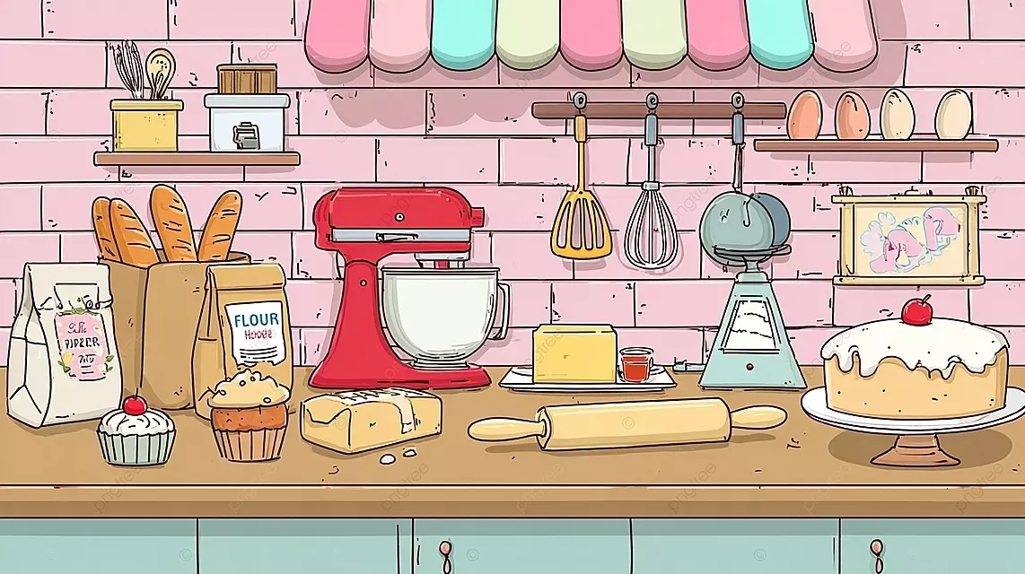 卡通厨房烘焙场景，带台面搅拌机面粉袋和装饰蛋糕