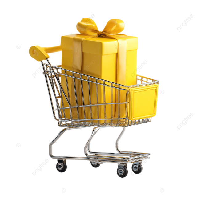 极简主义3D渲染黄色购物车，带礼品盒在白色背景