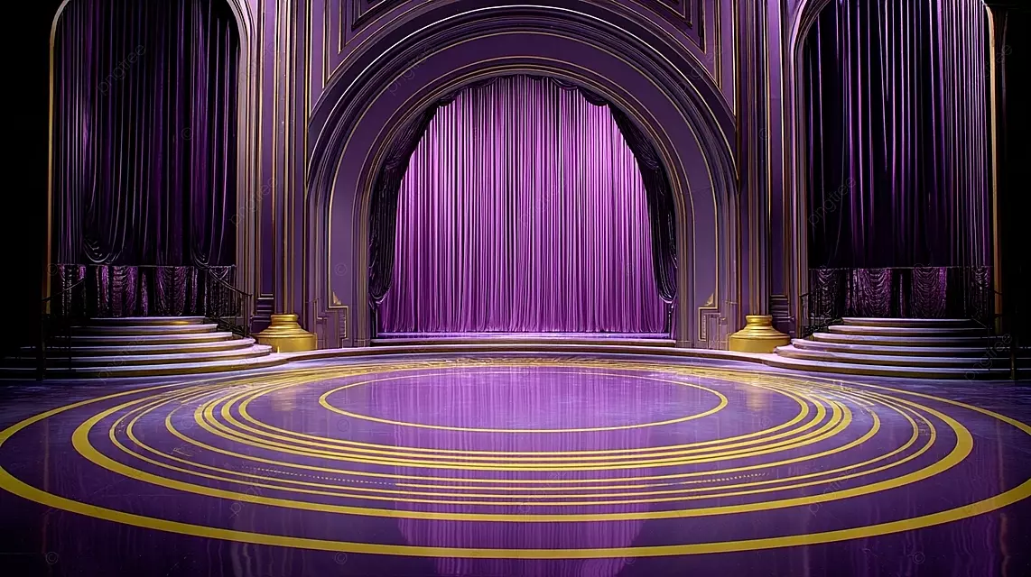 带有黄色修剪圆形平台和拱形背景的紫色舞台