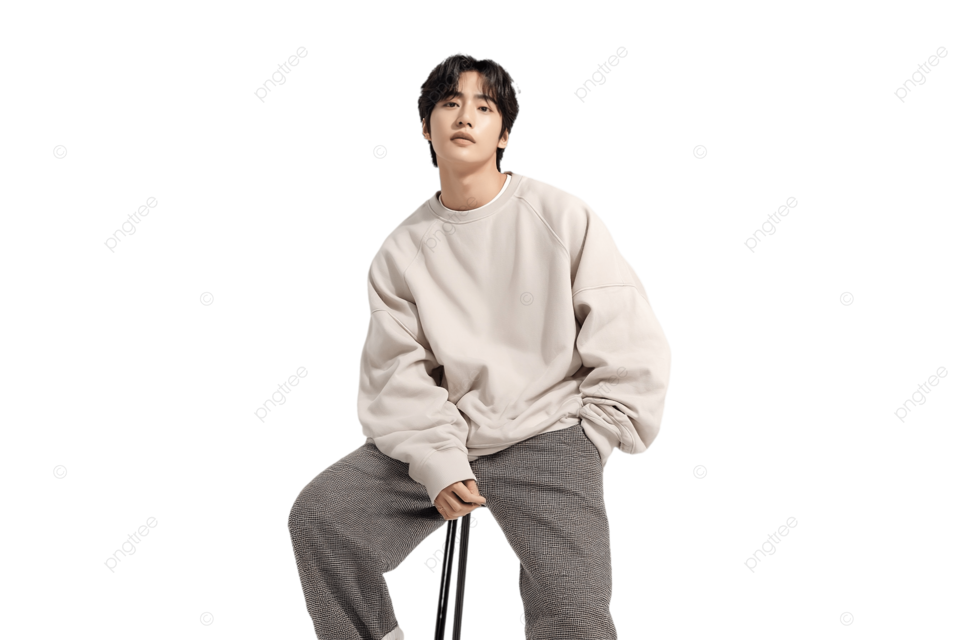 朝鲜运动衫和灰色休闲裤坐在凳子上的韩国男性模特在白色背景