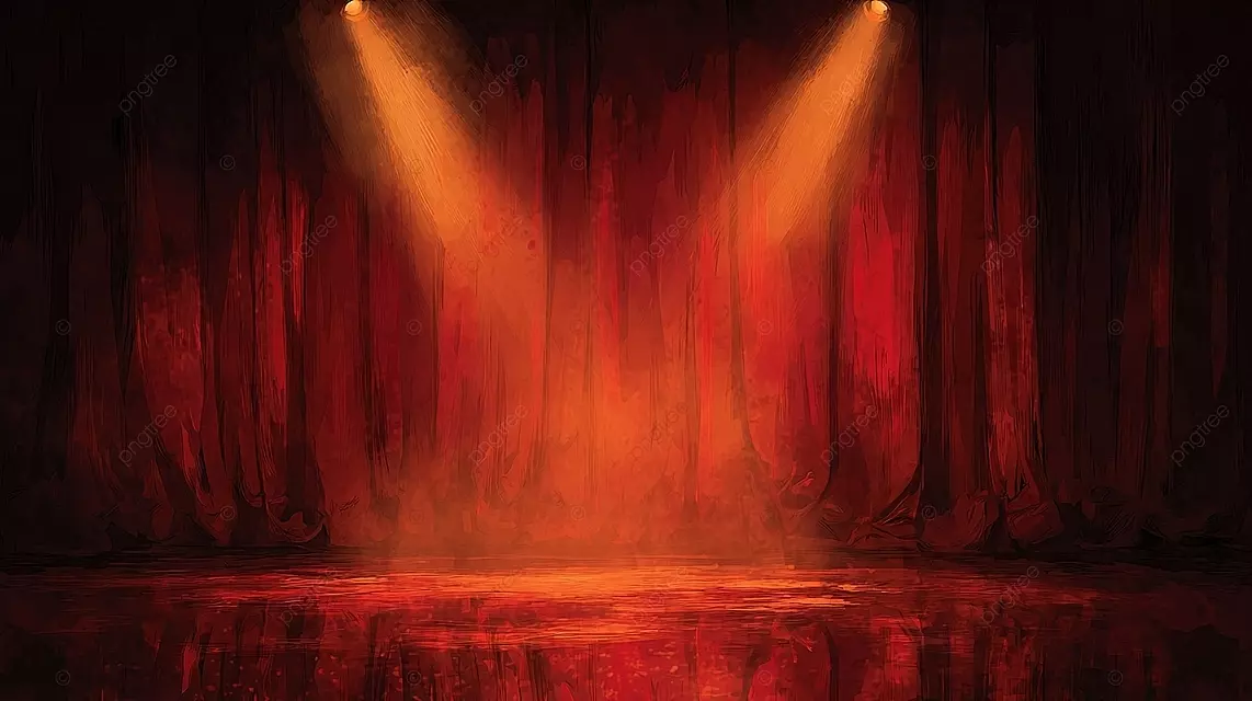 带有红色窗帘的舞台场景，被温暖的黄色聚光灯照亮