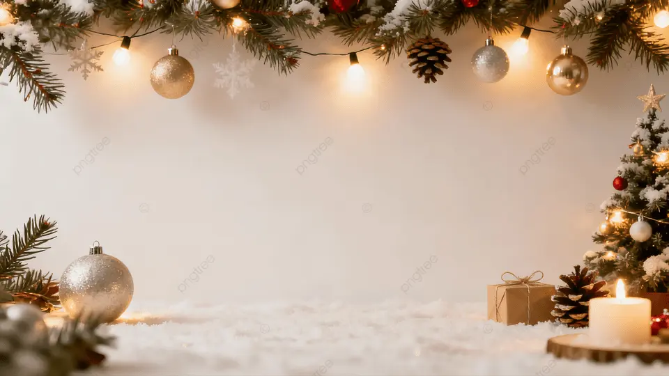 圣诞节米色灯串松枝雪景背景