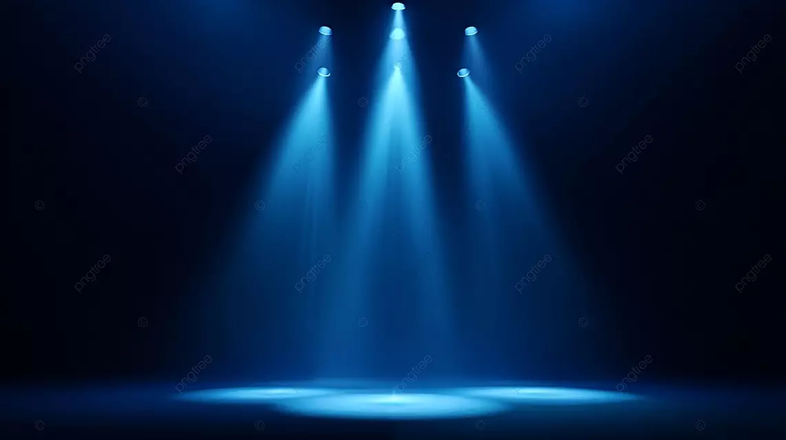 极简主义舞台照明深蓝色背景三个明亮的蓝色聚光灯