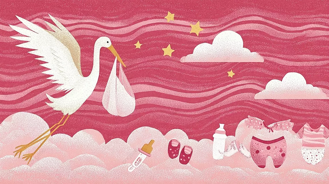 星空下的粉色和白色鹳，带着婴儿包和婴儿用品