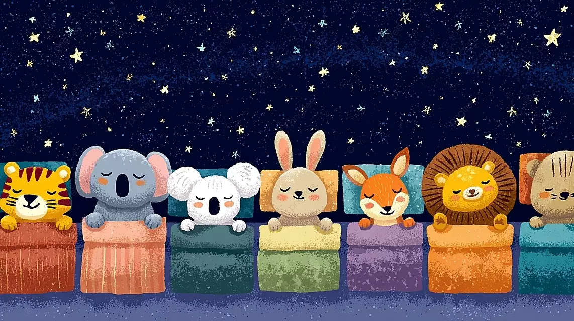 八只可爱的动物在星空下睡在五颜六色的床上