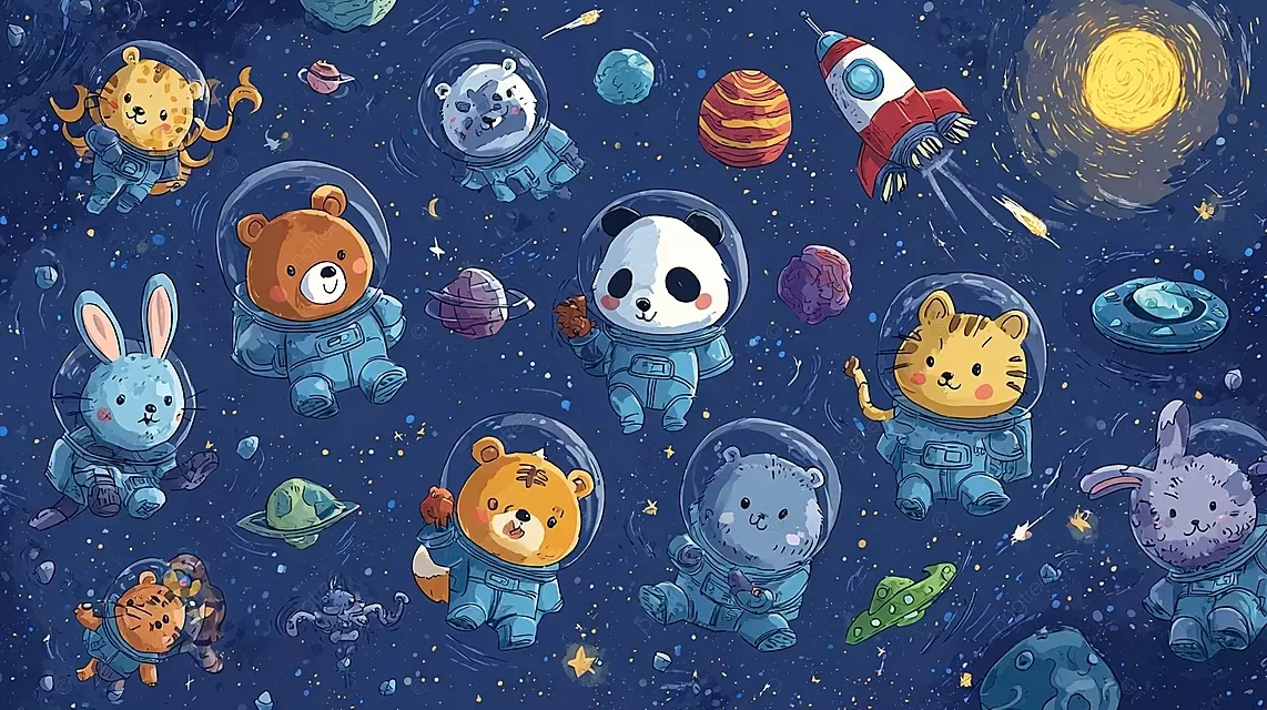 异想天开的空间场景，动物宇航员漂浮在星星和火箭