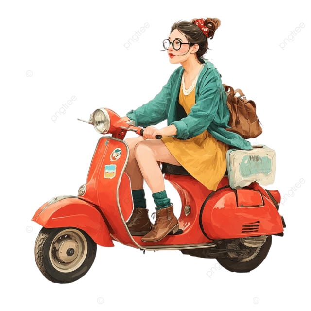 png女人骑滑板车贴纸交通插画