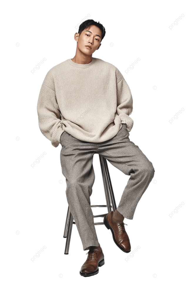 超大米色运动衫和灰色裤子时尚的韩国男性模特