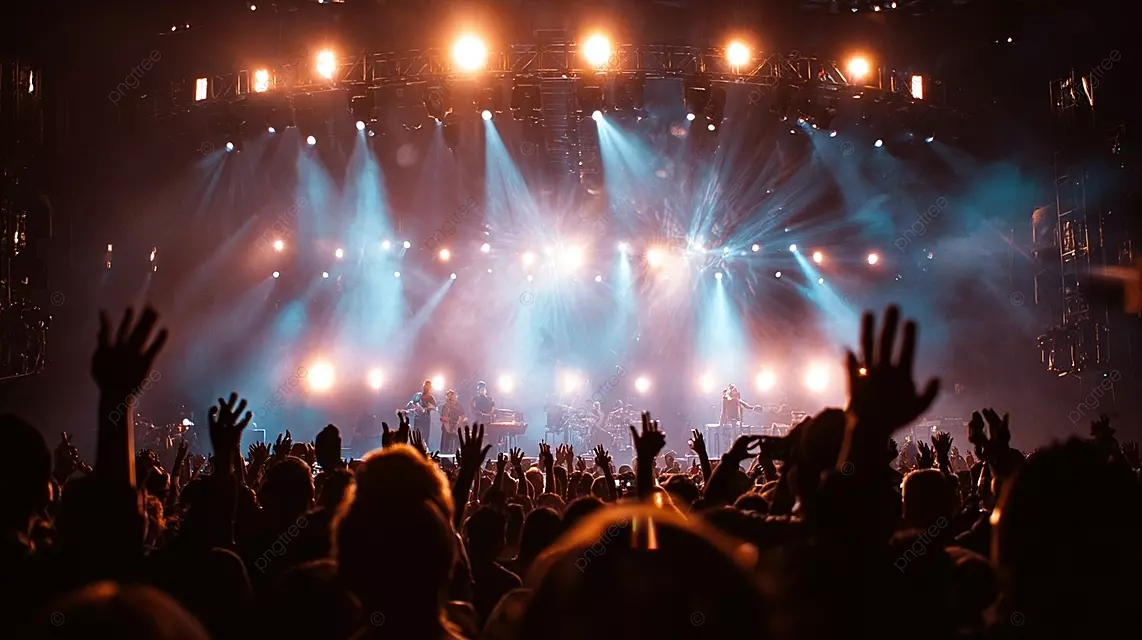 演唱会舞台灯光耀眼，观众热情高涨，气氛活跃