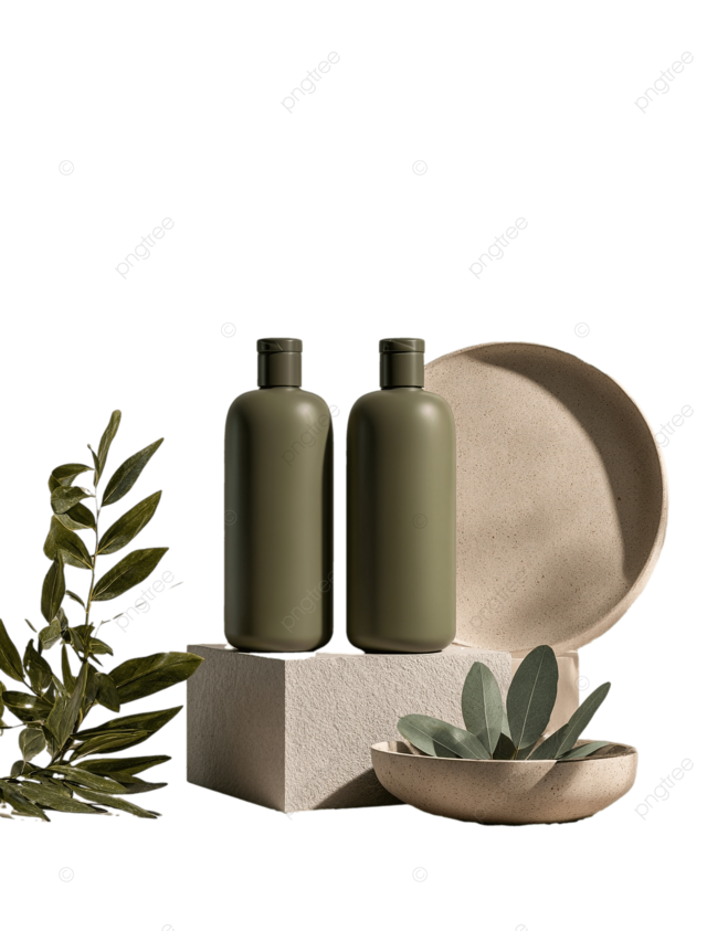 优雅的橄榄绿色洗发水瓶极简设计，具有自然元素和柔和的照明