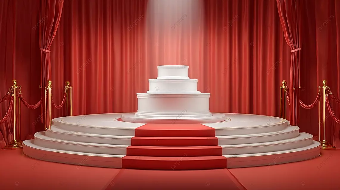优雅的红色舞台，白色讲台和金色栏杆