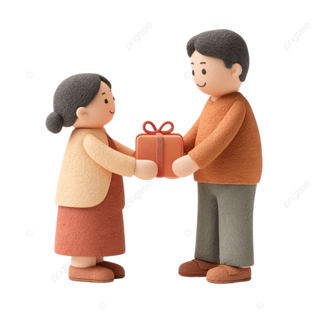 温馨的家庭庆祝场景中，陶土长者向孩子赠送礼物