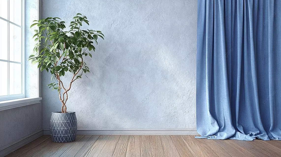 极简主义的室内空间，带绿色植物的窗户浅灰色墙壁木地板和蓝色窗帘