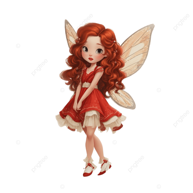 可爱的红发女郎，有红色连衣裙和白色鞋子的童话