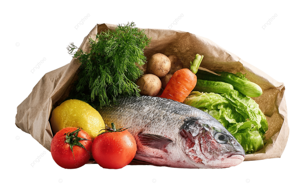 纸袋装新鲜水果 蔬菜和鱼
