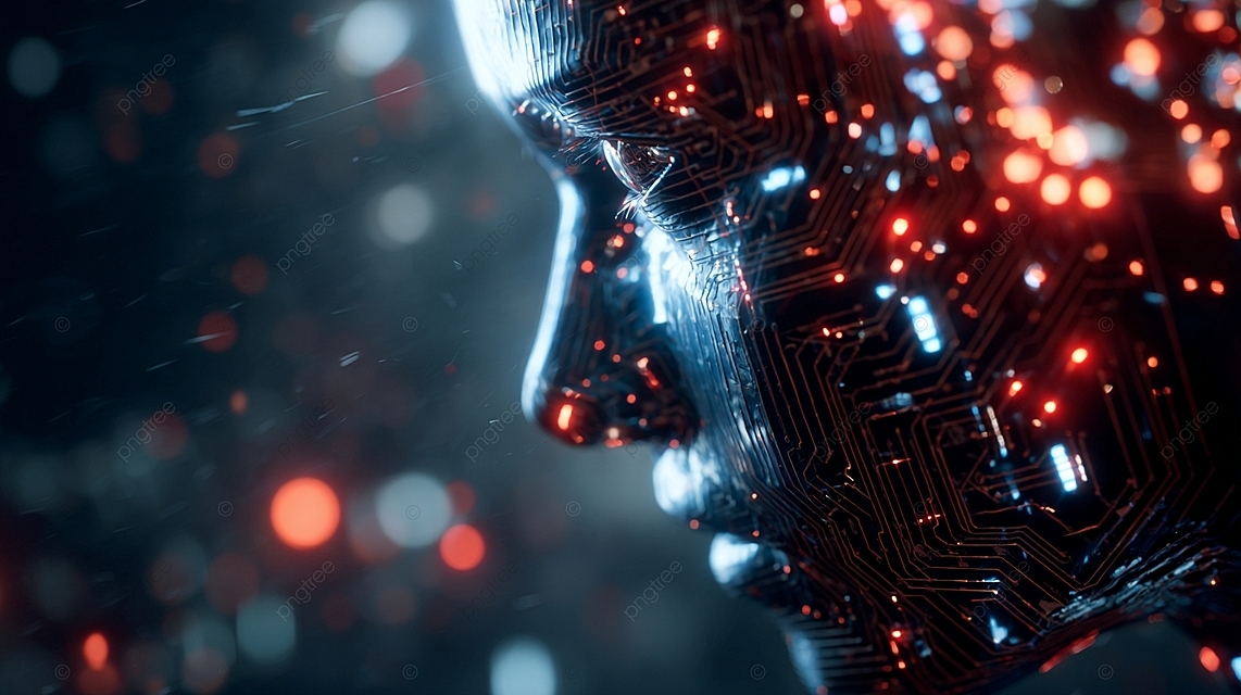 发光数字环境中具有 3D 人体头部和电路板的未来人工智能技术