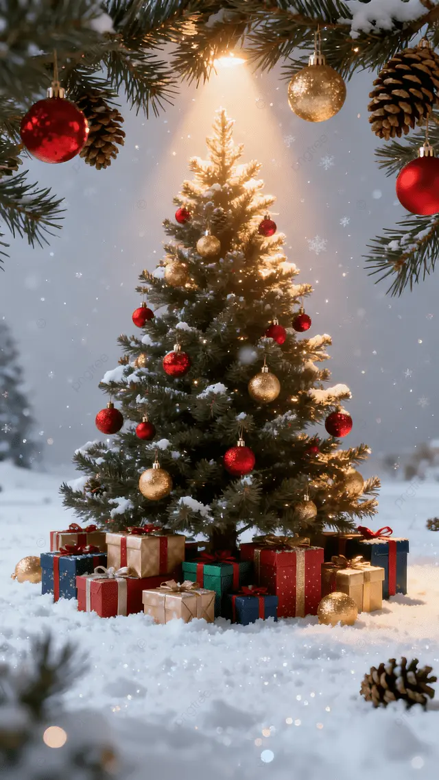 圣诞节绿色圣诞树红礼雪创意背景