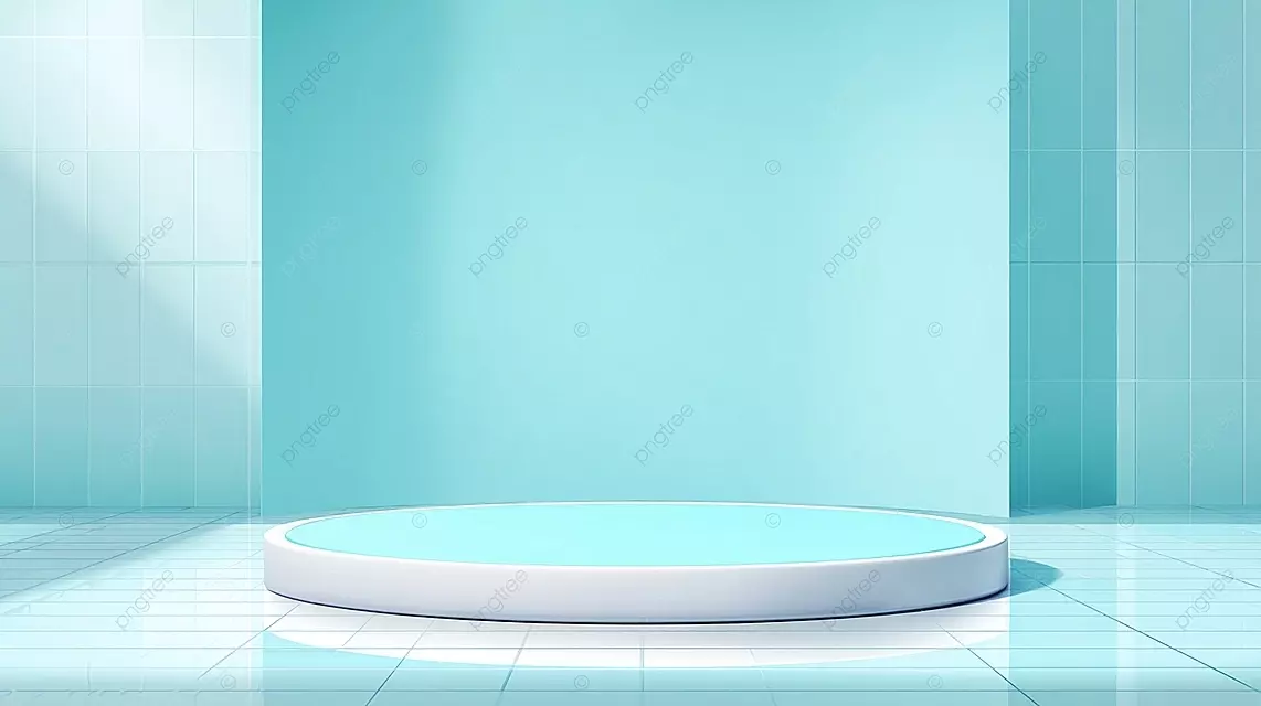 极简主义的室内场景，带有几何墙壁和圆形平台，浅蓝色和青色
