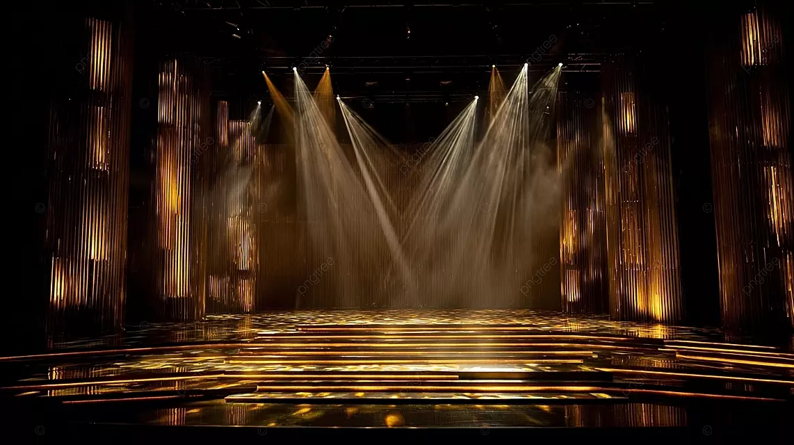 带有金色照明和反光条纹的宏伟舞台