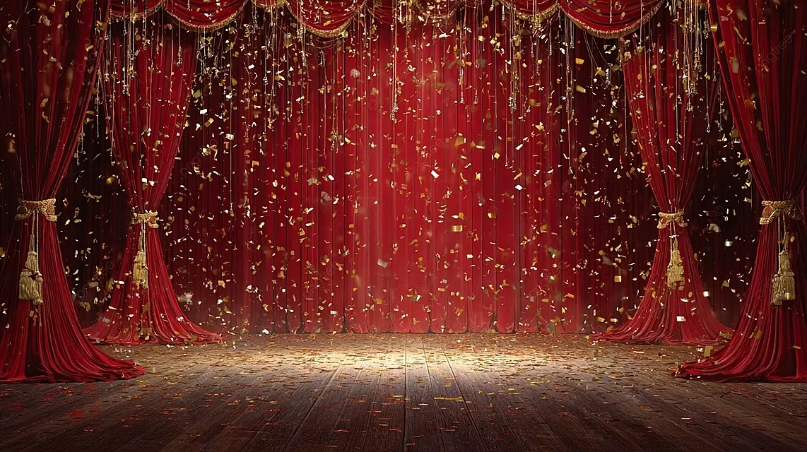 带红色窗帘的舞台设置金色装饰和木地板