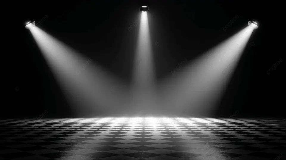 极简舞台照明效果，伴随着聚光灯和棋盘背景