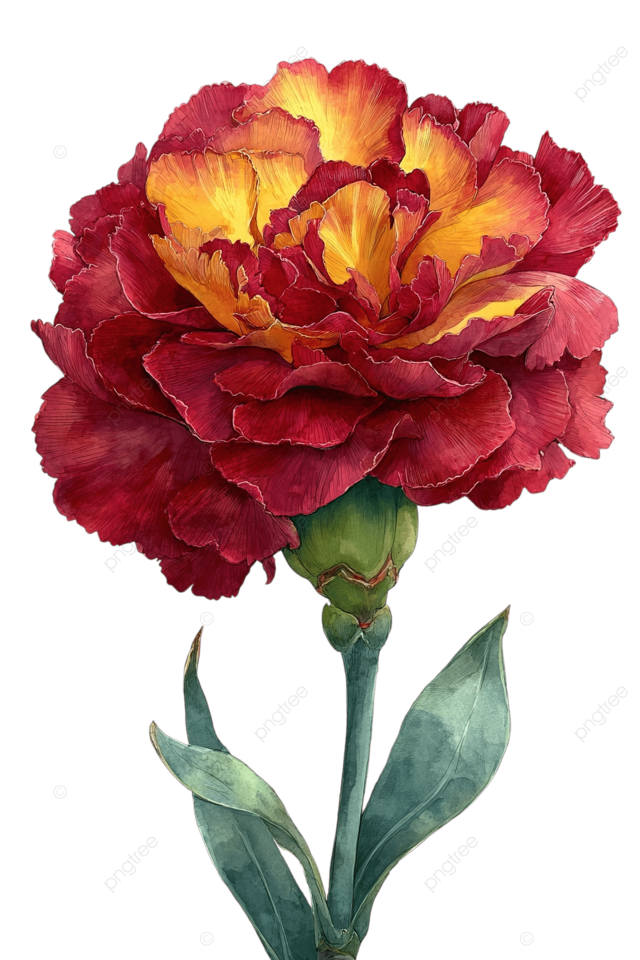 充满活力的深色红酒红色和黄色康乃馨花的水彩画在白色背景上