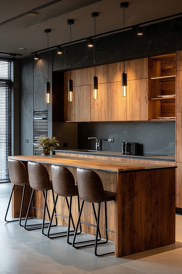 现代厨房，配有木质岛台，深色色调，温暖的灯光，简约风格