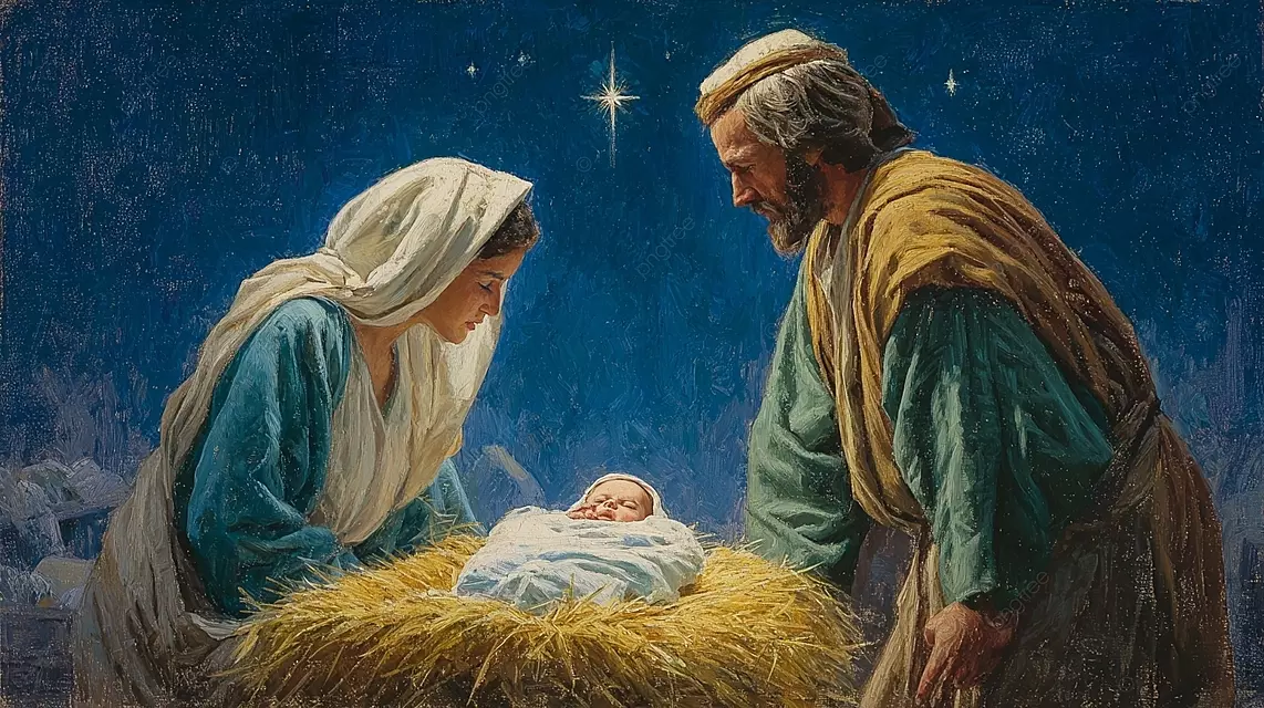 星空下，圣洁的家庭在马槽里的耶稣诞生场景
