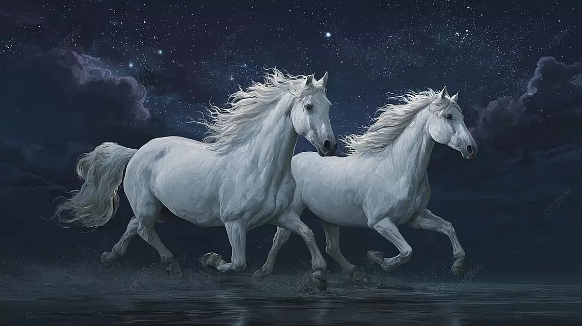 两匹白马在星空下疾驰